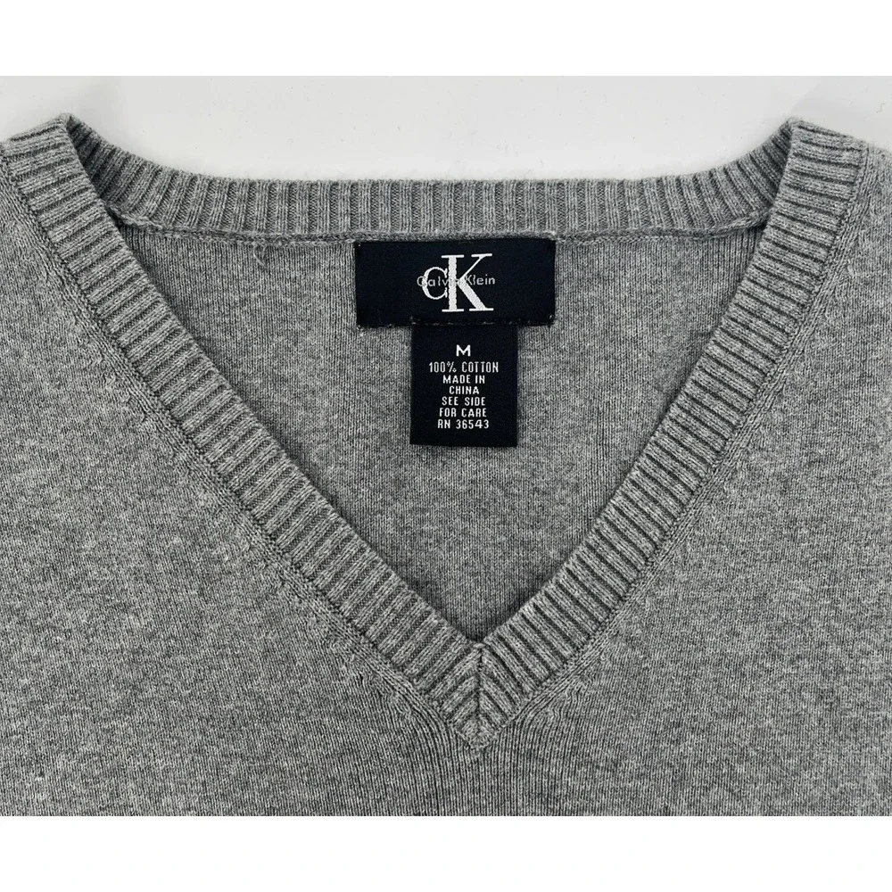 Calvin Klein Mens Sweater 100% Cotton V Neck Pullover Gray Preppy Academia‎ Sz M